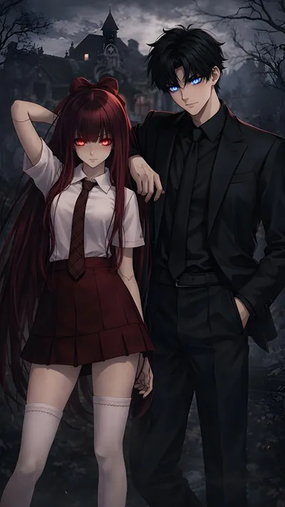 Anime girl and boy and a  hunted house in the back view ai