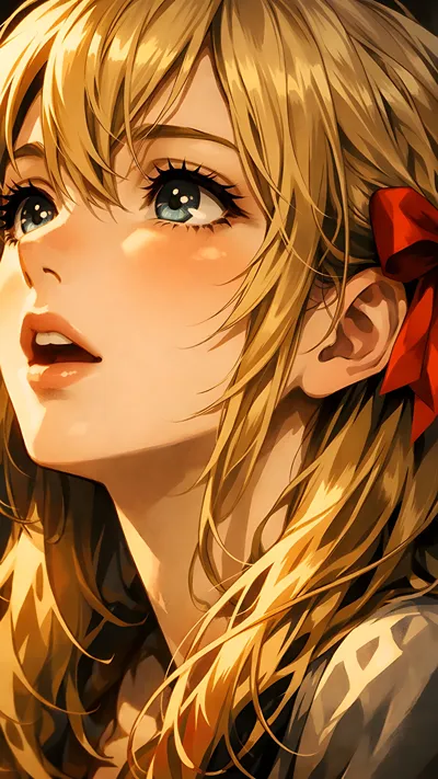 Anime blond hair girl with red bow ai