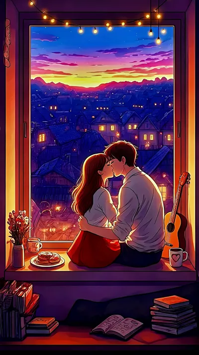 Anime couple lovers in a cozy balcony