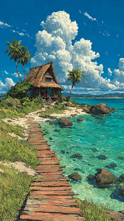 Tropical beach house wallpaper