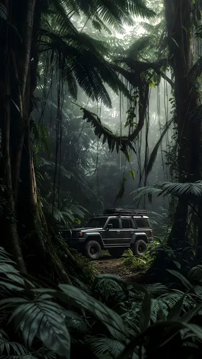 Dark forest with car wallpaper 4k