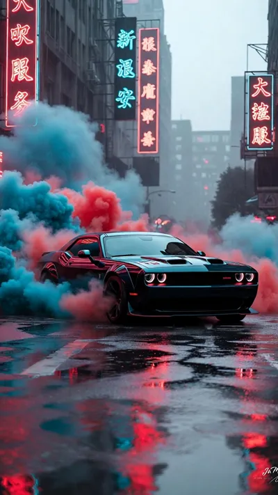 Blue and red Smoke dodge Challenger