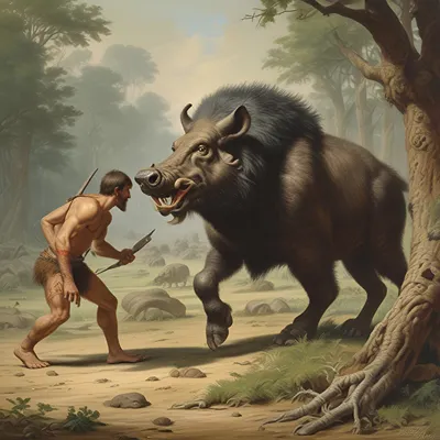 Primitive Hunter Versus Giant Prehistoric Boar In Ancient Forest