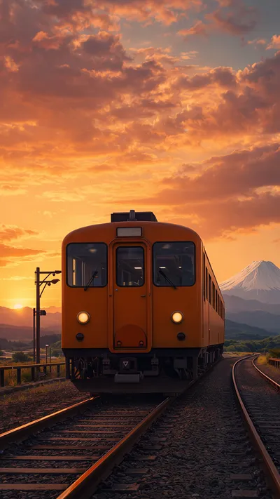 Train traveling along railway tracks at sunset, warm orange sky above, distant mountains in the background, and rails leading forward through the landscape.