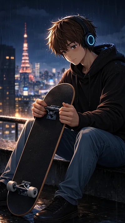 Close-up of a young man wearing headphones, sitting on a rooftop in the rain and holding a skateboard, city lights in the background.