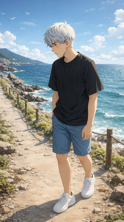Young man with silver hair walking alone along a narrow coastal path, the ocean to his right, rocks and vegetation in the foreground, calm daytime atmosphere.