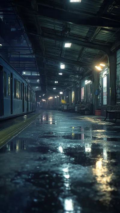 Train platform at night with wet ground reflecting overhead lights.