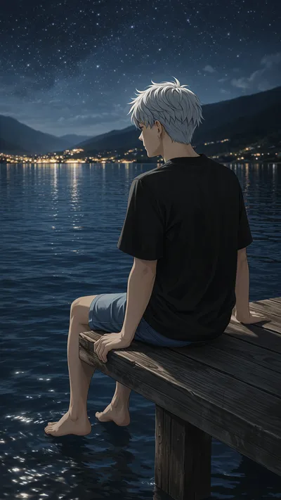 Young man sitting on a wooden pier at night, looking over a calm lake with stars and distant lights reflecting on the water.