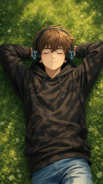 Young man lying on green grass with headphones, eyes closed, listening to music in warm daylight