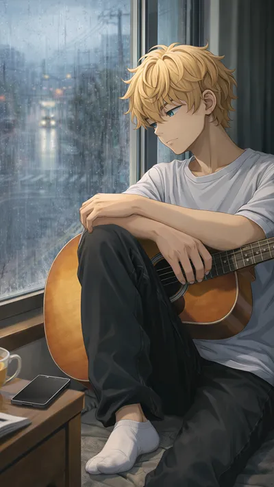 Illustrated character sheet of Lio Aoyama, a gentle young man holding a coffee and guitar case, presented with personality traits and background details.