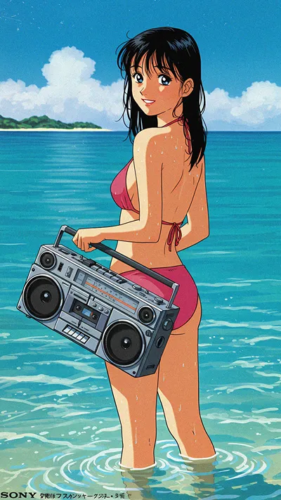 80s Anime Beach Babe with Boombox