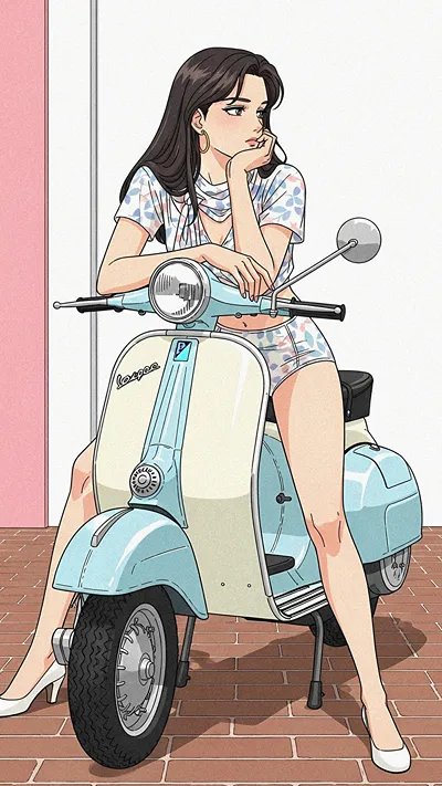 Retro Vespa Girl Soft Pastel Summer Vibes