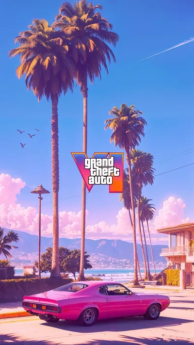 GTA 6 Palm Trees Pink Car 4K Wallpaper for Mobile