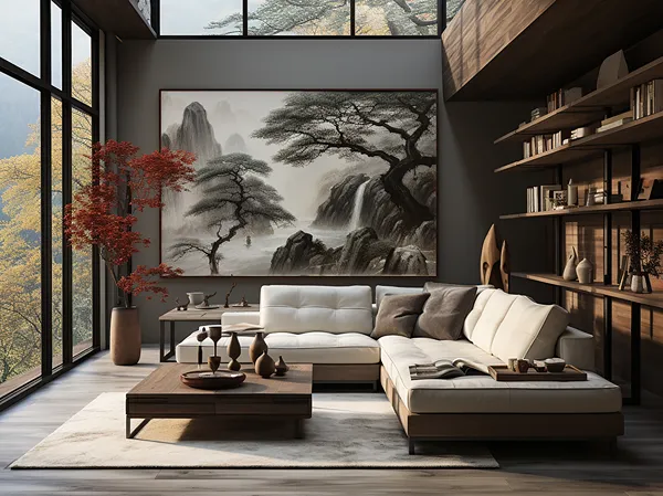 A white sofa stands amidst a backdrop of posters and frames adorning a stylish gray wall