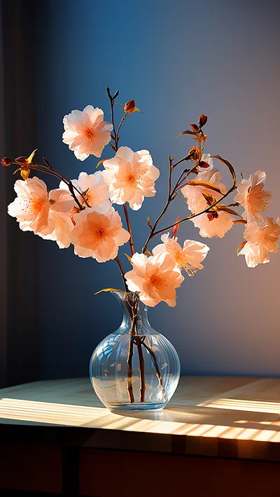 Elegant Cherry Blossoms in a Glass Vase with Soft Sunlight and Window Shadows